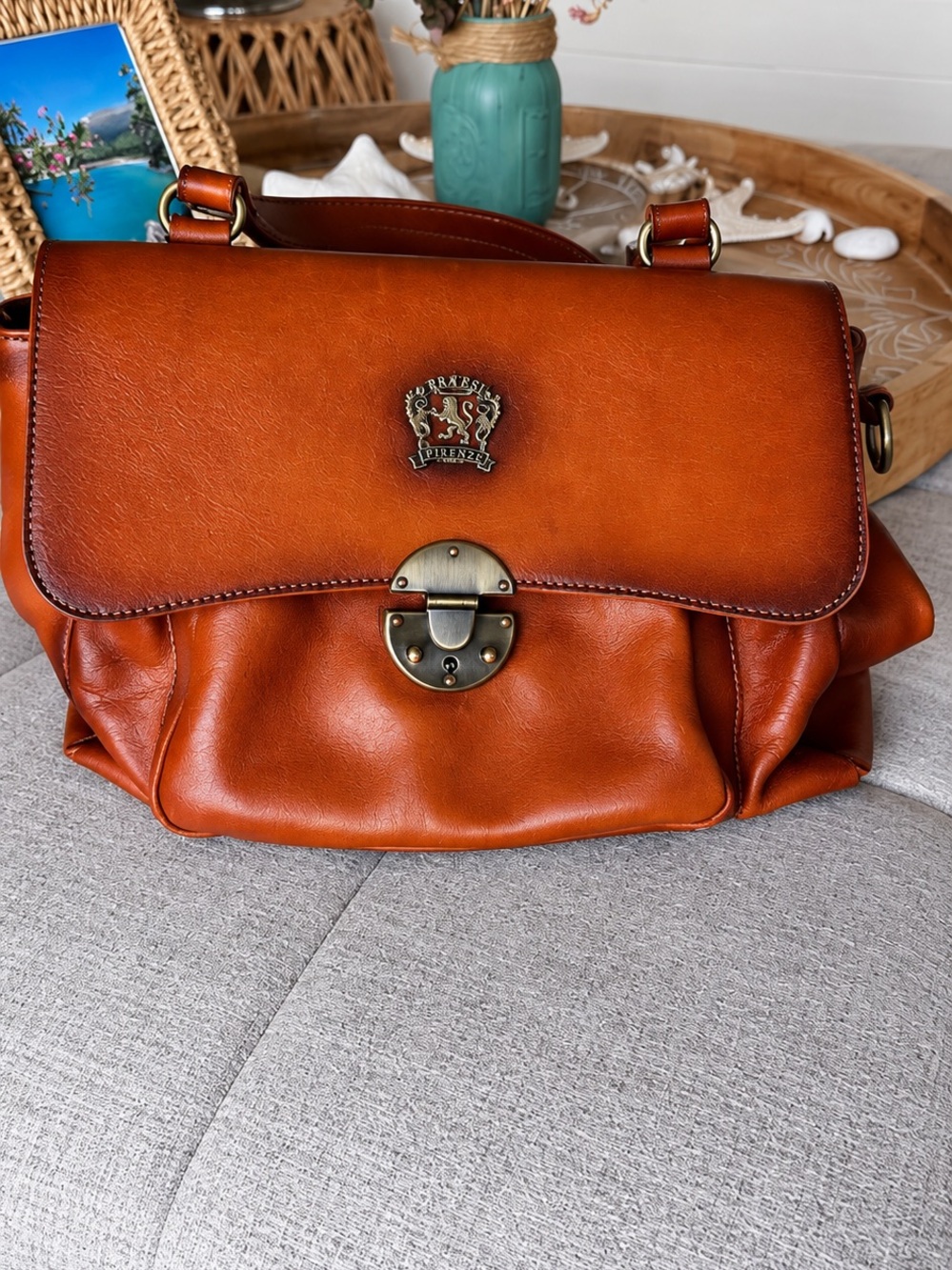Pratesi Firenze Cognac Genuine Leather Satchel Handbag Made in Italy